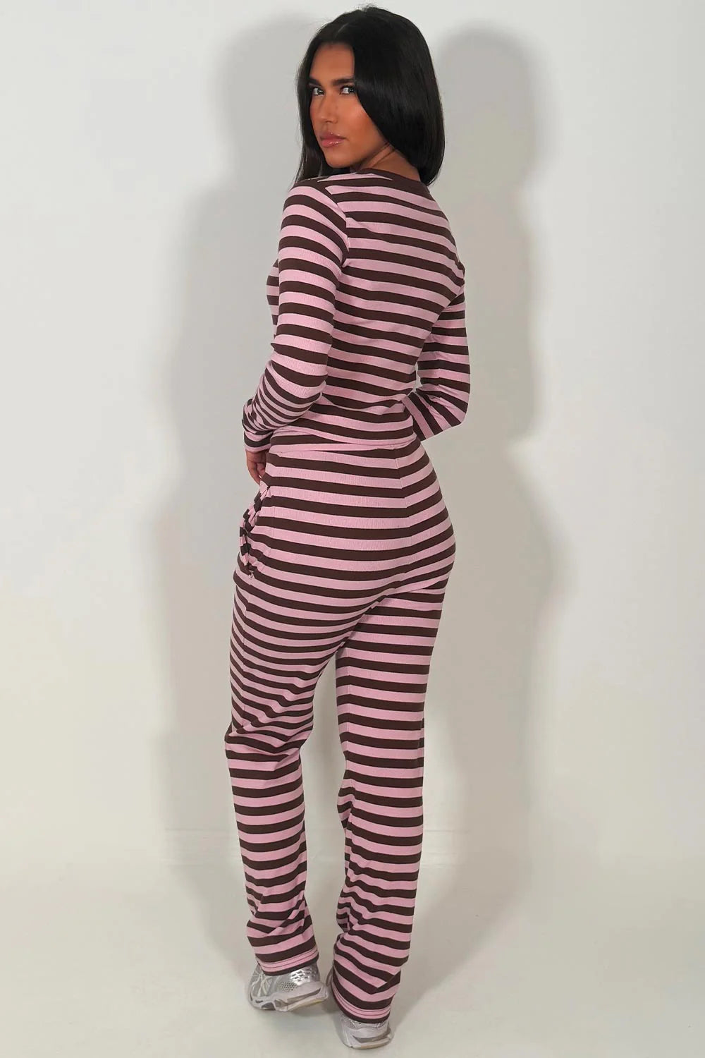 Striped Ribbed Button Up Top & Wide Leg Trouser Co-ord Set