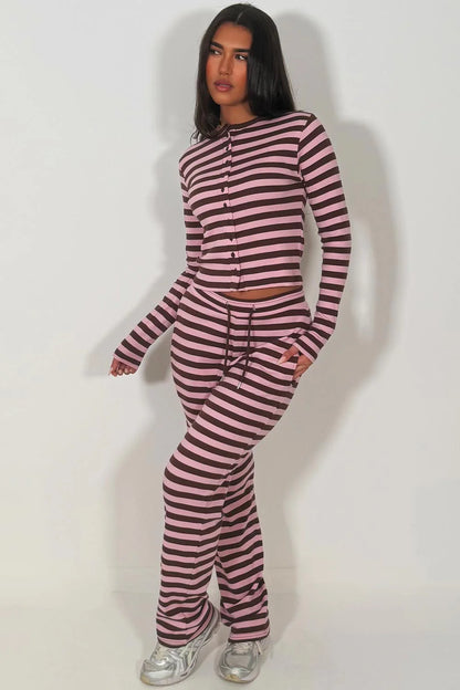 Striped Ribbed Button Up Top & Wide Leg Trouser Co-ord Set