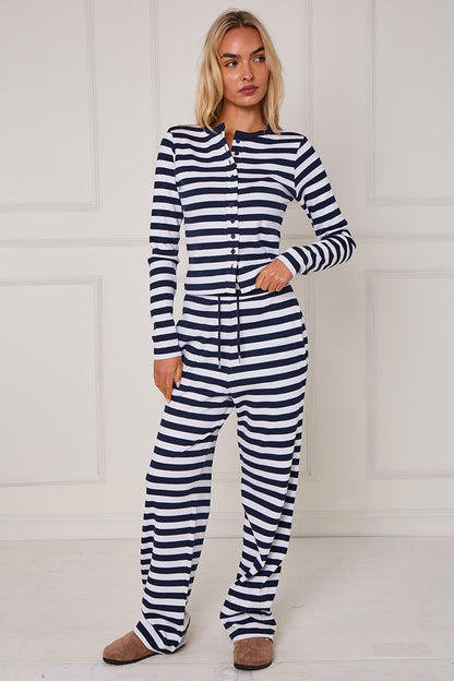 Striped Ribbed Button Up Top & Wide Leg Trouser Co-ord Set