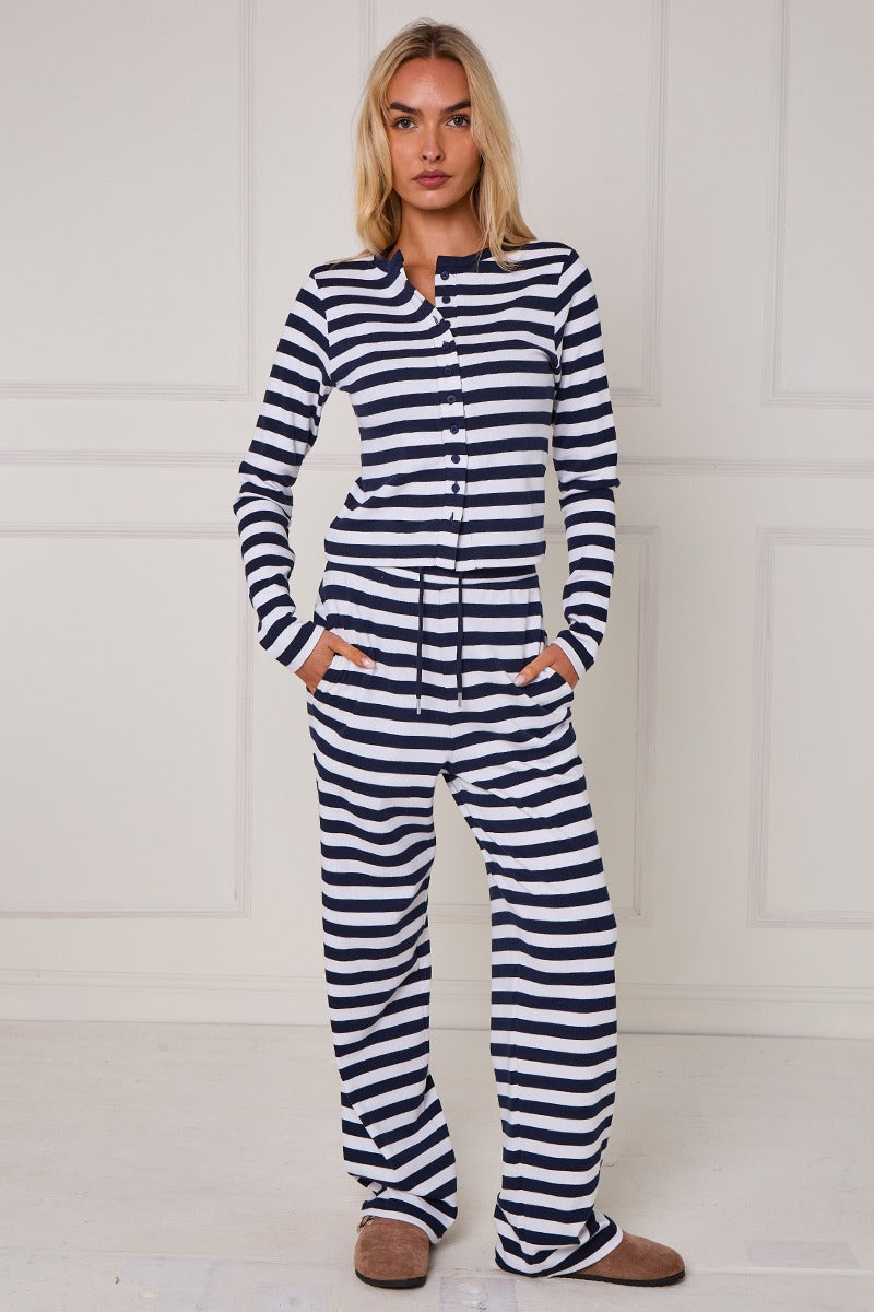 Striped Ribbed Button Up Top & Wide Leg Trouser Co-ord Set