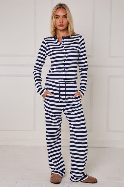 Striped Ribbed Button Up Top & Wide Leg Trouser Co-ord Set