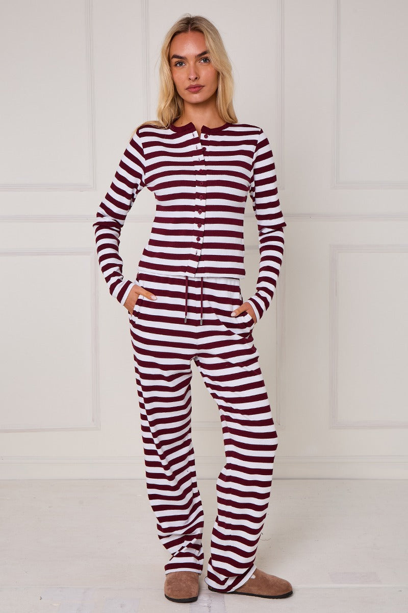Striped Ribbed Button Up Top & Wide Leg Trouser Co-ord Set