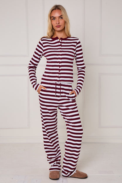 Striped Ribbed Button Up Top & Wide Leg Trouser Co-ord Set