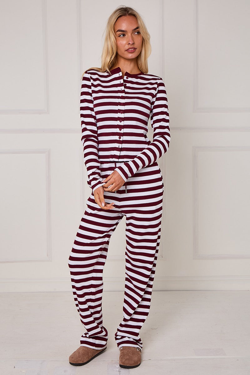 Striped Ribbed Button Up Top & Wide Leg Trouser Co-ord Set