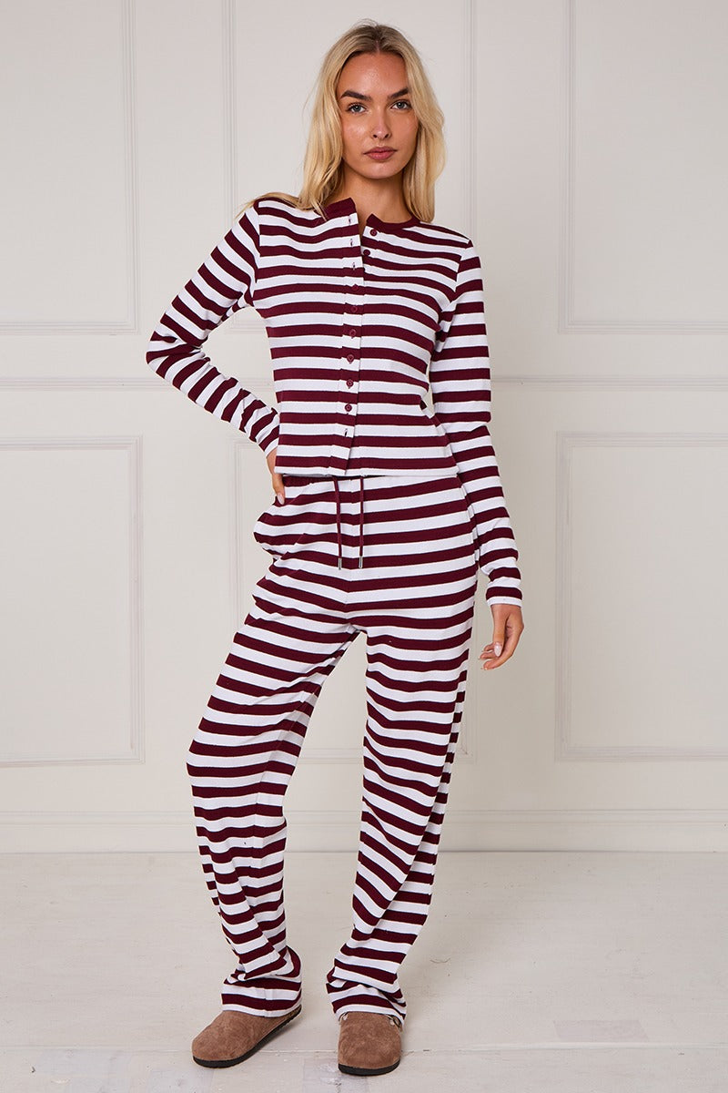 Striped Ribbed Button Up Top & Wide Leg Trouser Co-ord Set