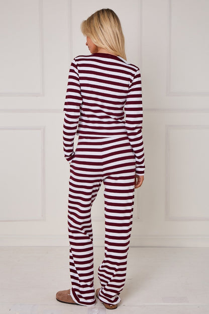 Striped Ribbed Button Up Top & Wide Leg Trouser Co-ord Set