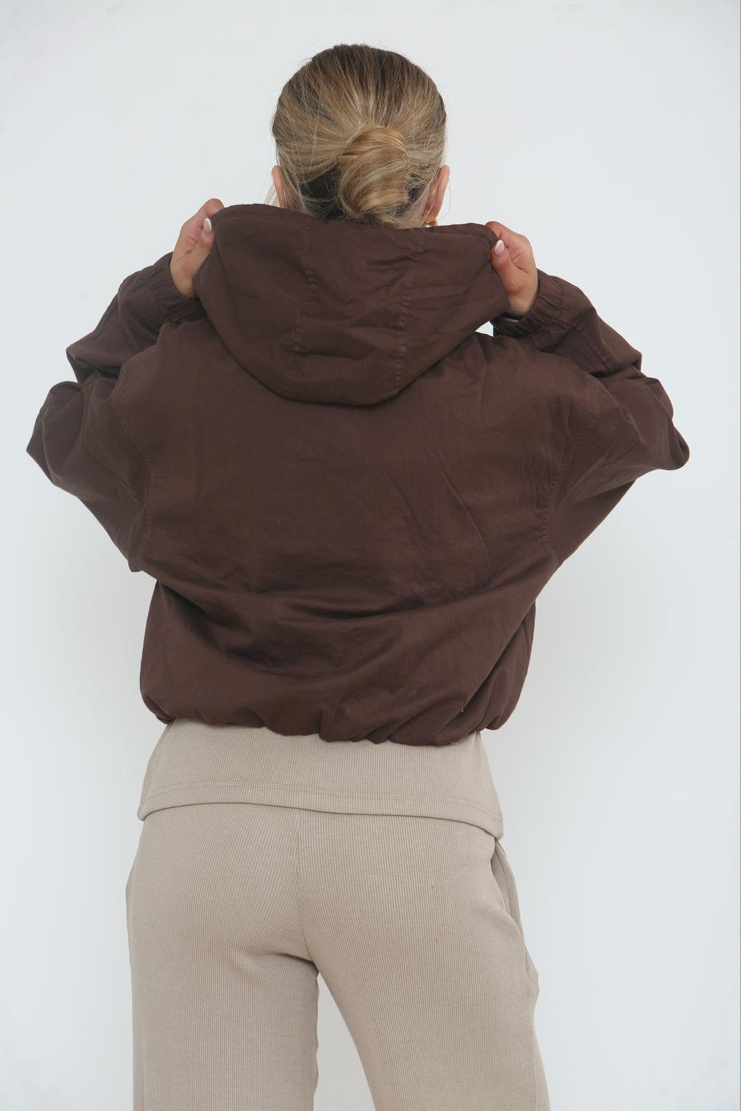 Cropped Zip-Up Hooded Windbreaker Jacket