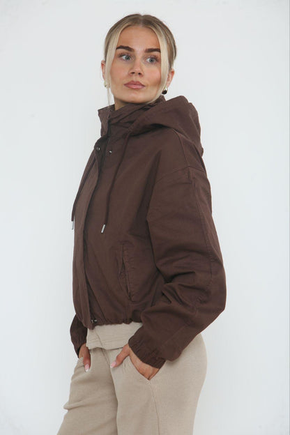 Cropped Zip-Up Hooded Windbreaker Jacket
