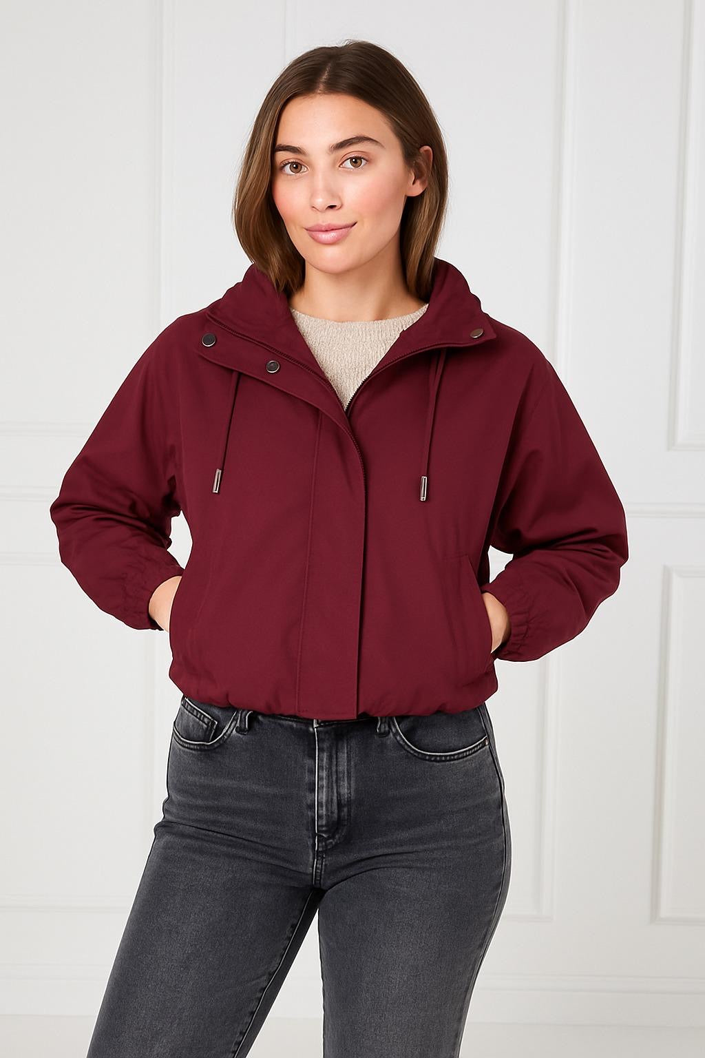 Cropped Zip-Up Hooded Windbreaker Jacket
