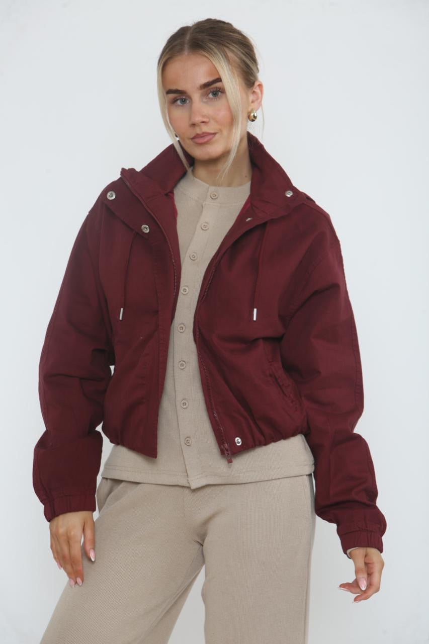 Cropped Zip-Up Hooded Windbreaker Jacket