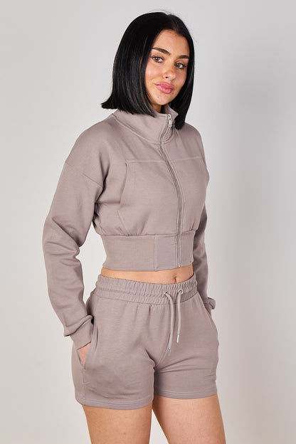 Cropped High Collar Zip-Up Sweatshirt & Shorts Co-Ord Set