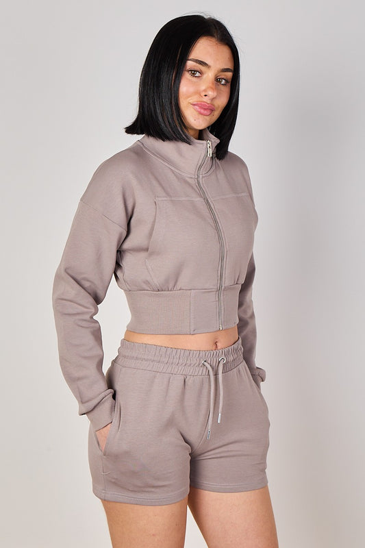 Cropped High Collar Zip-Up Sweatshirt & Shorts Co-Ord Set