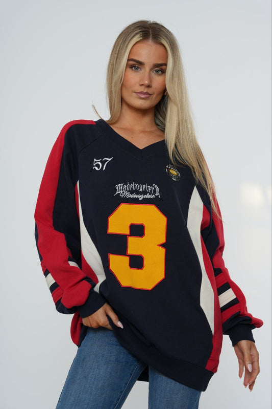 Oversized No. 3 Sports Athletic Slogan V-neck Sweatshirt