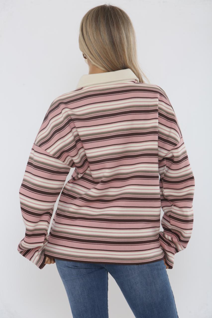 Rugby Collar Stripe Oversized Sweatshirt