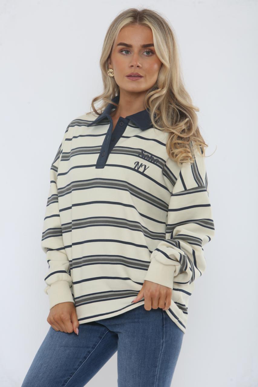 Rugby Collar Stripe Oversized Sweatshirt