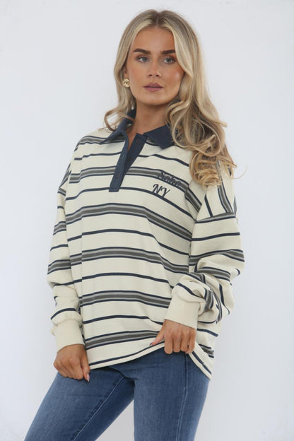 Rugby Collar Stripe Oversized Sweatshirt