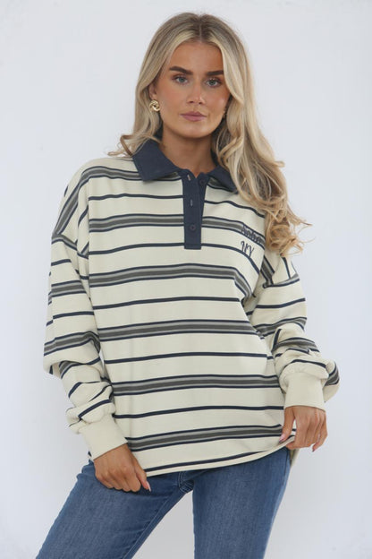 Rugby Collar Stripe Oversized Sweatshirt