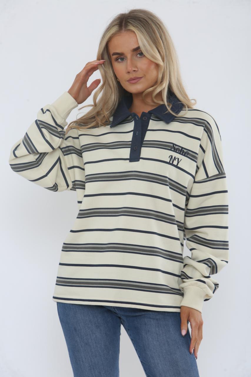 Rugby Collar Stripe Oversized Sweatshirt