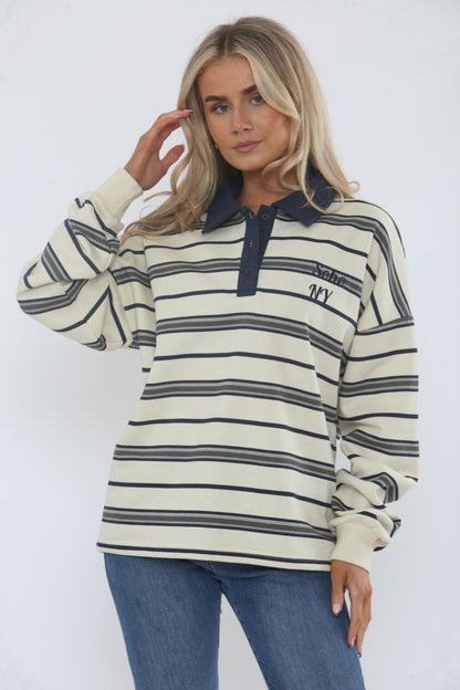 Rugby Collar Stripe Oversized Sweatshirt