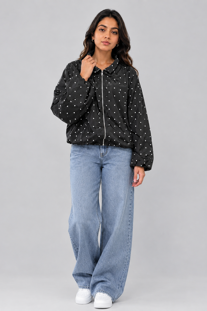 Oversized Polka Dot Zip-Up Windbreaker Jacket