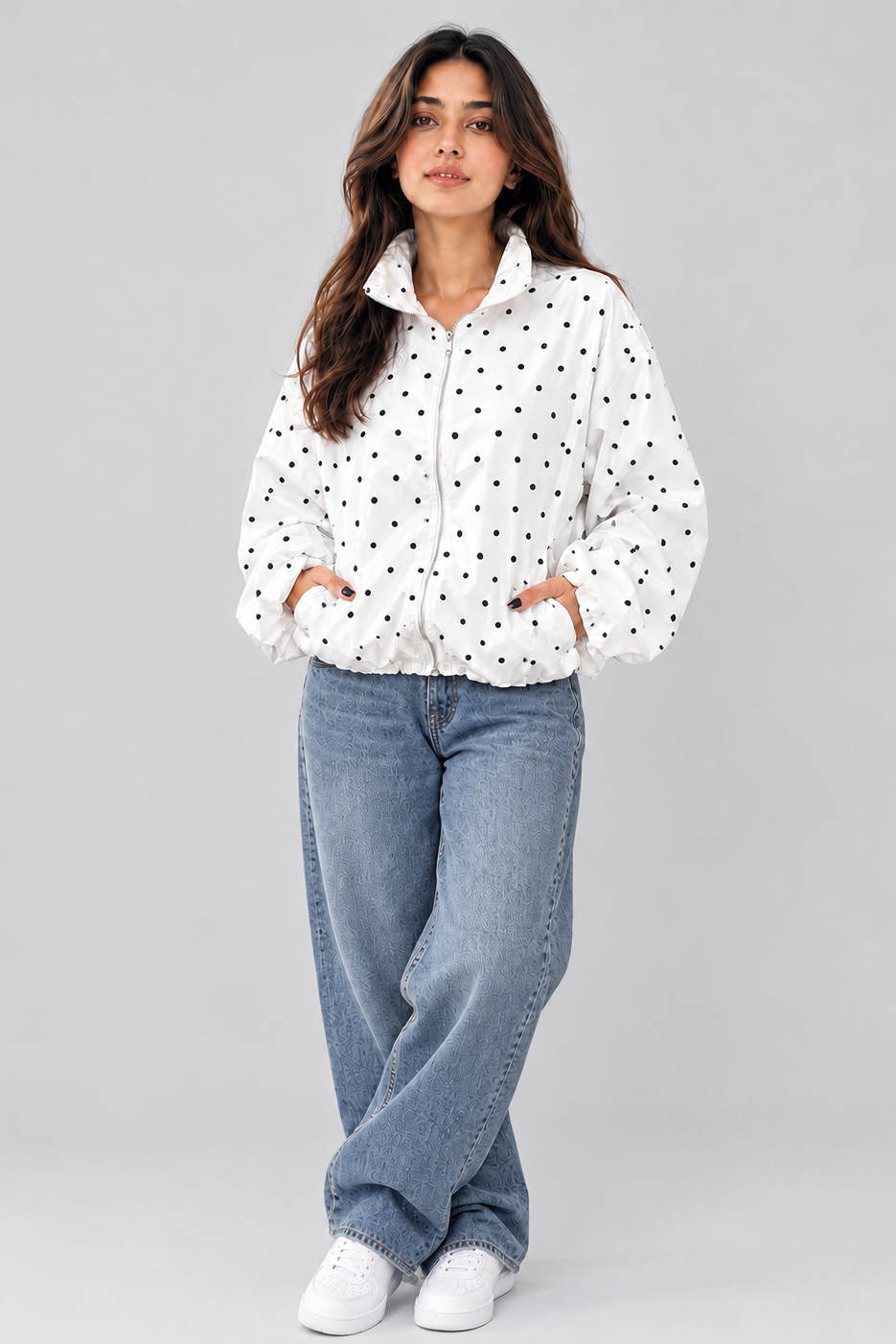 Oversized Polka Dot Zip-Up Windbreaker Jacket