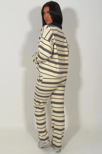 Rugby Collar Stripe Oversized Sweatshirt & Trouser Set