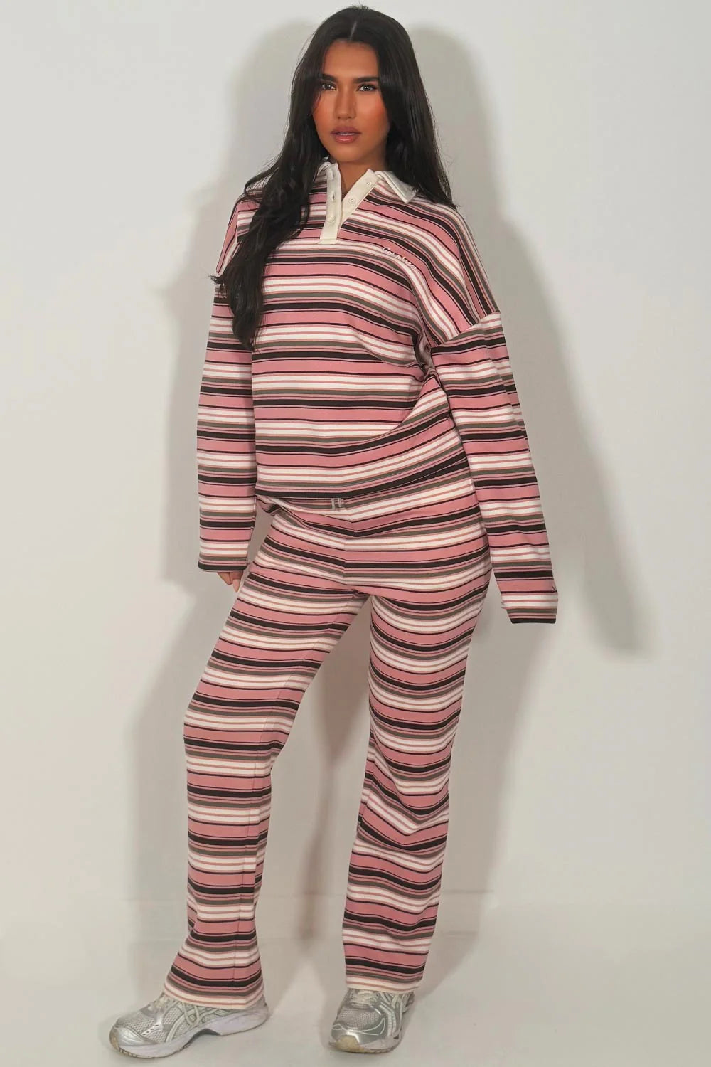 Rugby Collar Stripe Oversized Sweatshirt & Trouser Set