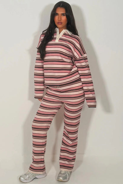 Rugby Collar Stripe Oversized Sweatshirt & Trouser Set