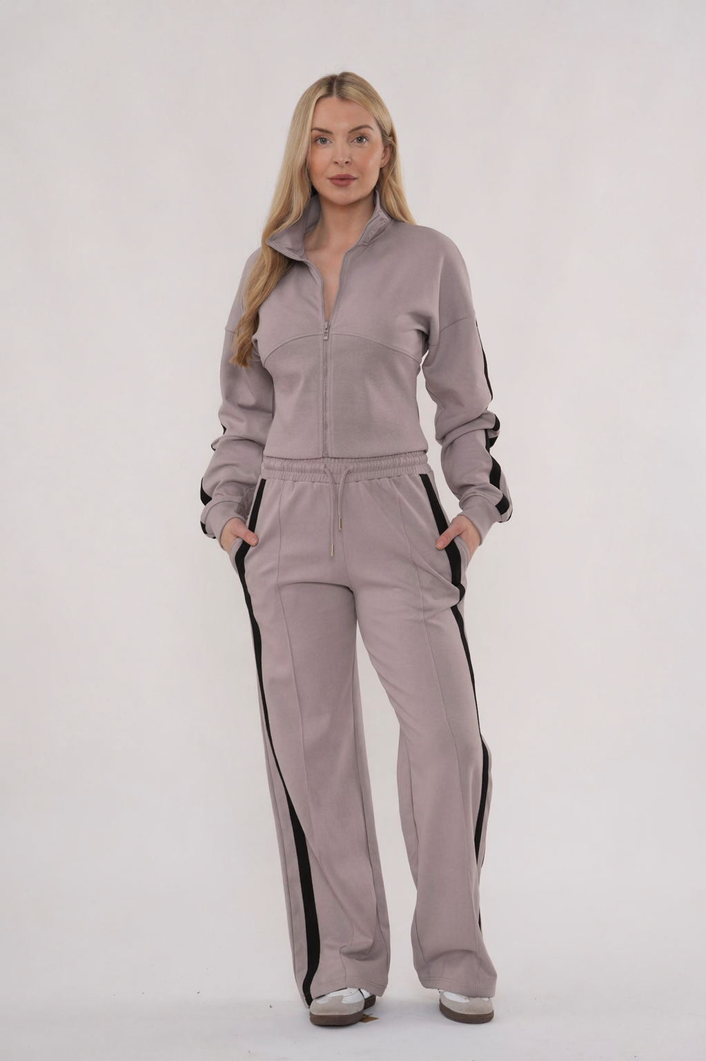 Striped Zip Up Sweatshirt & Wide Leg Joggers Tracksuit