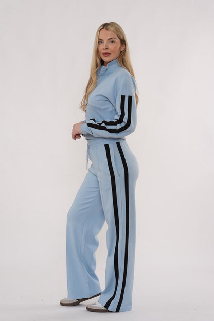 Striped Zip Up Sweatshirt & Wide Leg Joggers Tracksuit