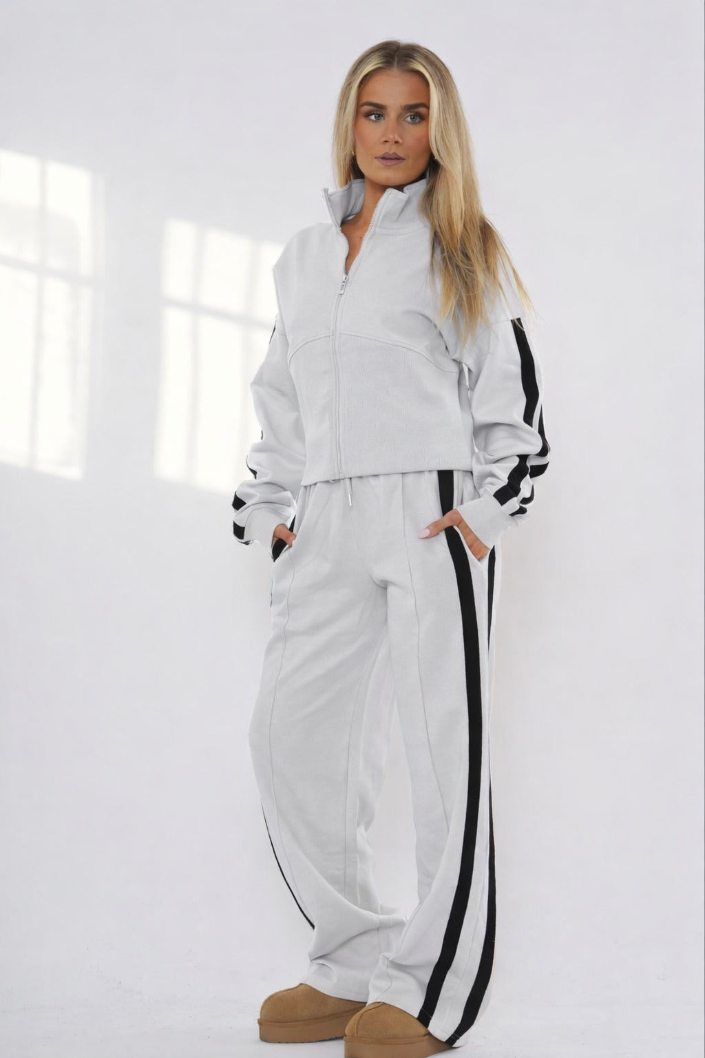 Striped Zip Up Sweatshirt & Wide Leg Joggers Tracksuit