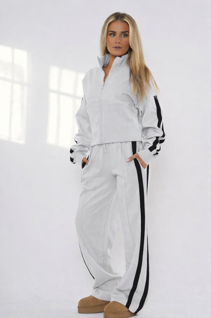Striped Zip Up Sweatshirt & Wide Leg Joggers Tracksuit