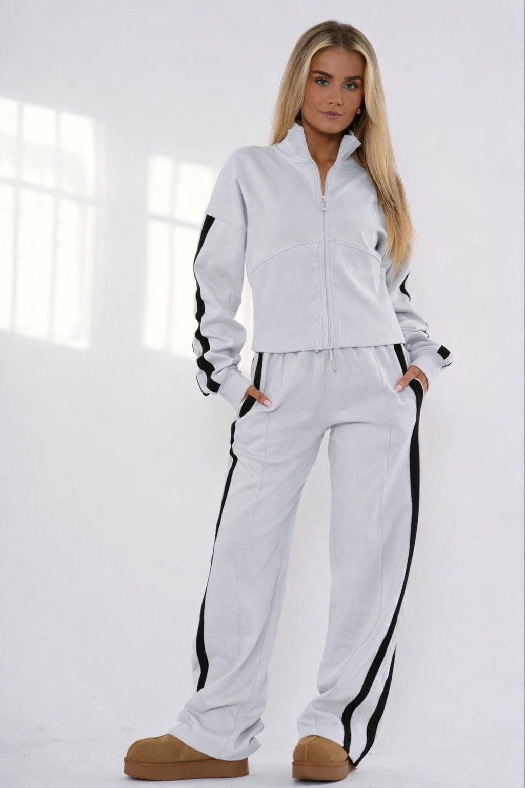 Striped Zip Up Sweatshirt & Wide Leg Joggers Tracksuit