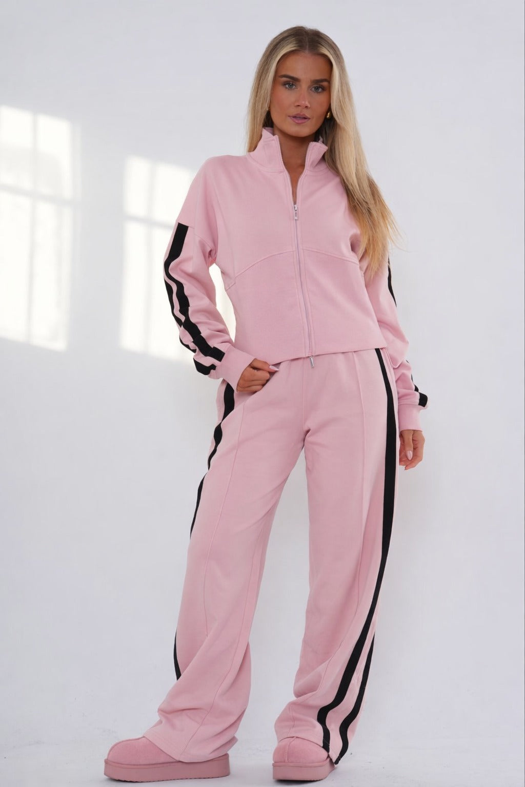 Striped Zip Up Sweatshirt & Wide Leg Joggers Tracksuit