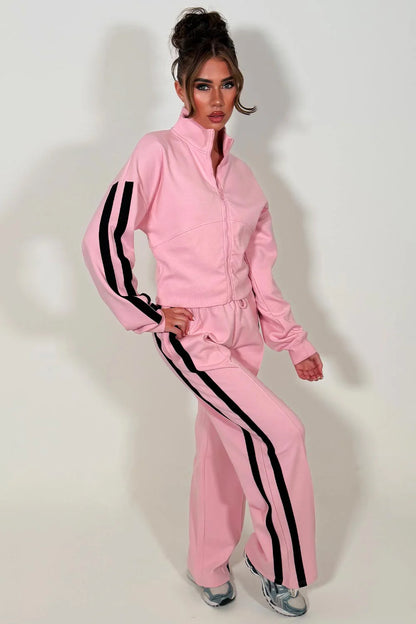 Striped Zip Up Sweatshirt & Wide Leg Joggers Tracksuit