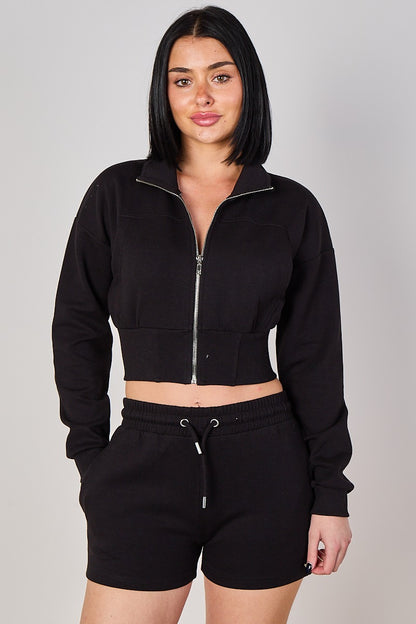 Cropped High Collar Zip-Up Sweatshirt & Shorts Co-Ord Set