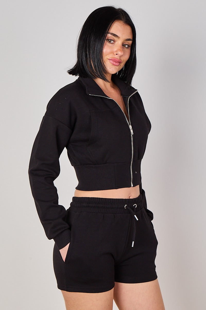 Cropped High Collar Zip-Up Sweatshirt & Shorts Co-Ord Set
