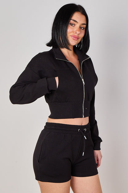 Cropped High Collar Zip-Up Sweatshirt & Shorts Co-Ord Set