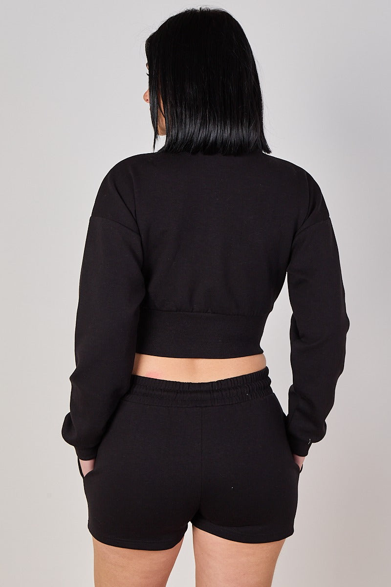 Cropped High Collar Zip-Up Sweatshirt & Shorts Co-Ord Set