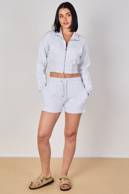 Cropped High Collar Zip-Up Sweatshirt & Shorts Co-Ord Set