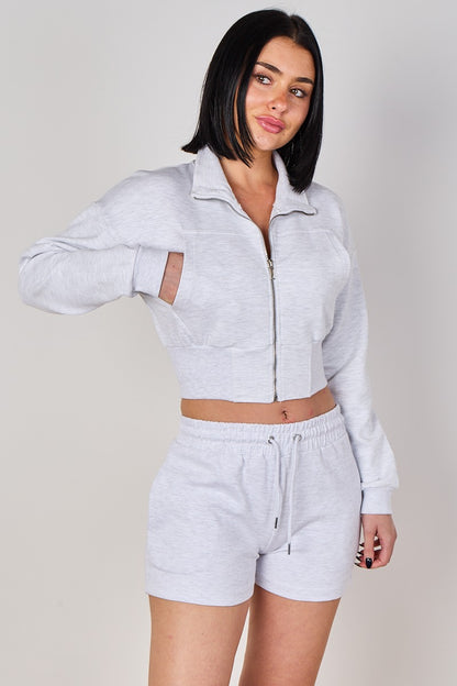 Cropped High Collar Zip-Up Sweatshirt & Shorts Co-Ord Set