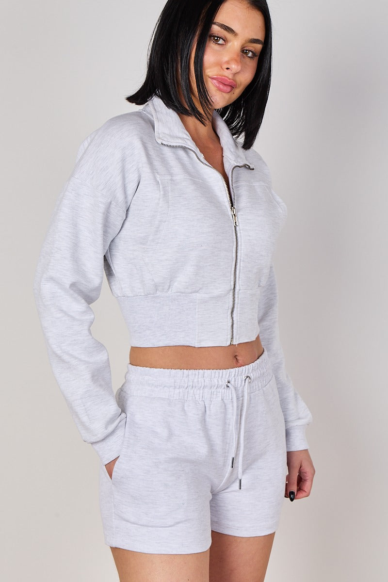 Cropped High Collar Zip-Up Sweatshirt & Shorts Co-Ord Set
