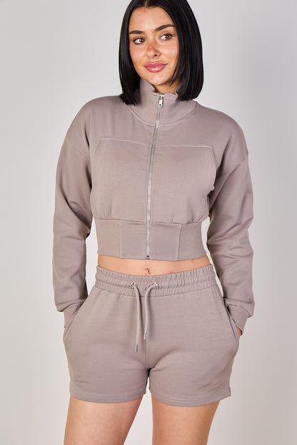 Cropped High Collar Zip-Up Sweatshirt & Shorts Co-Ord Set