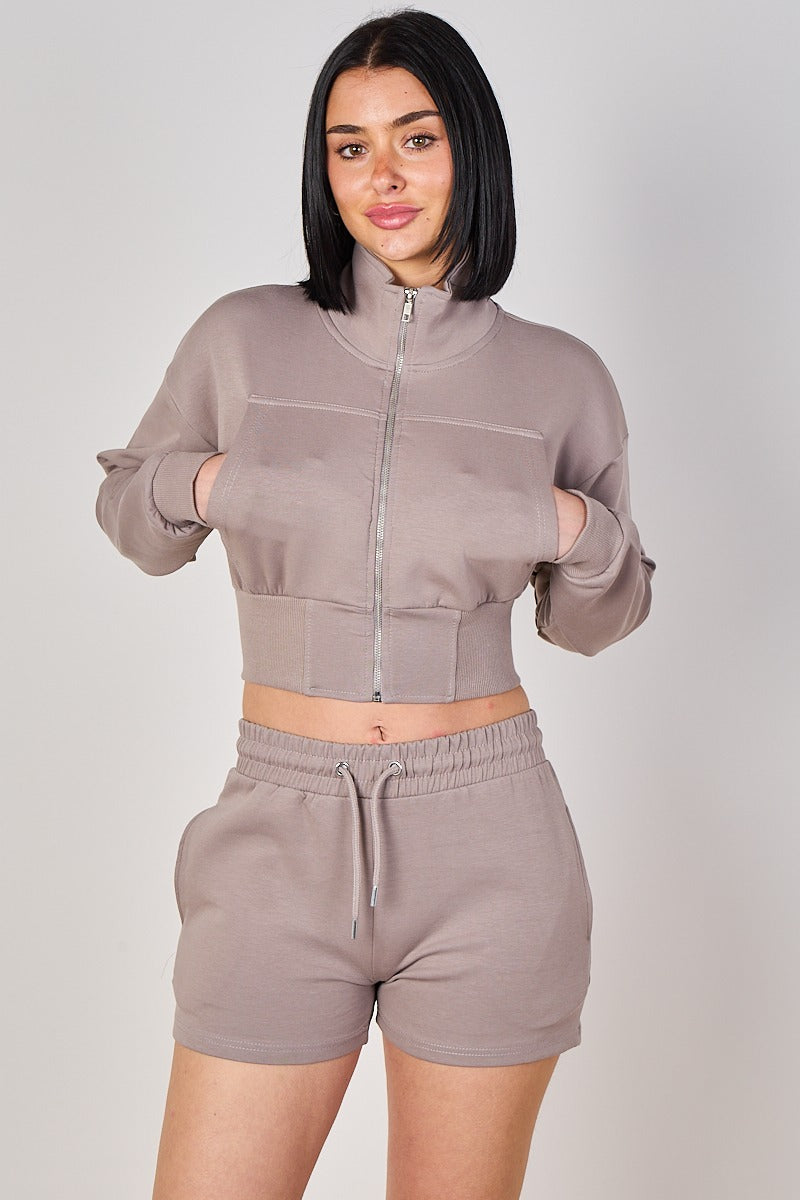 Cropped High Collar Zip-Up Sweatshirt & Shorts Co-Ord Set