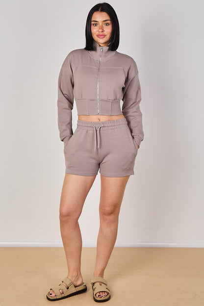 Cropped High Collar Zip-Up Sweatshirt & Shorts Co-Ord Set