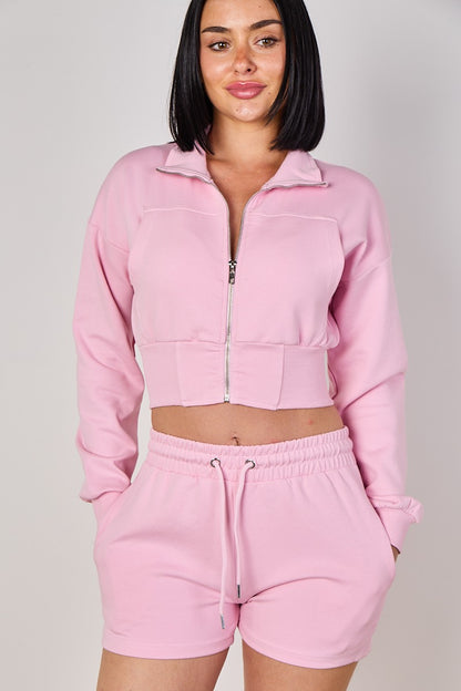 Cropped High Collar Zip-Up Sweatshirt & Shorts Co-Ord Set