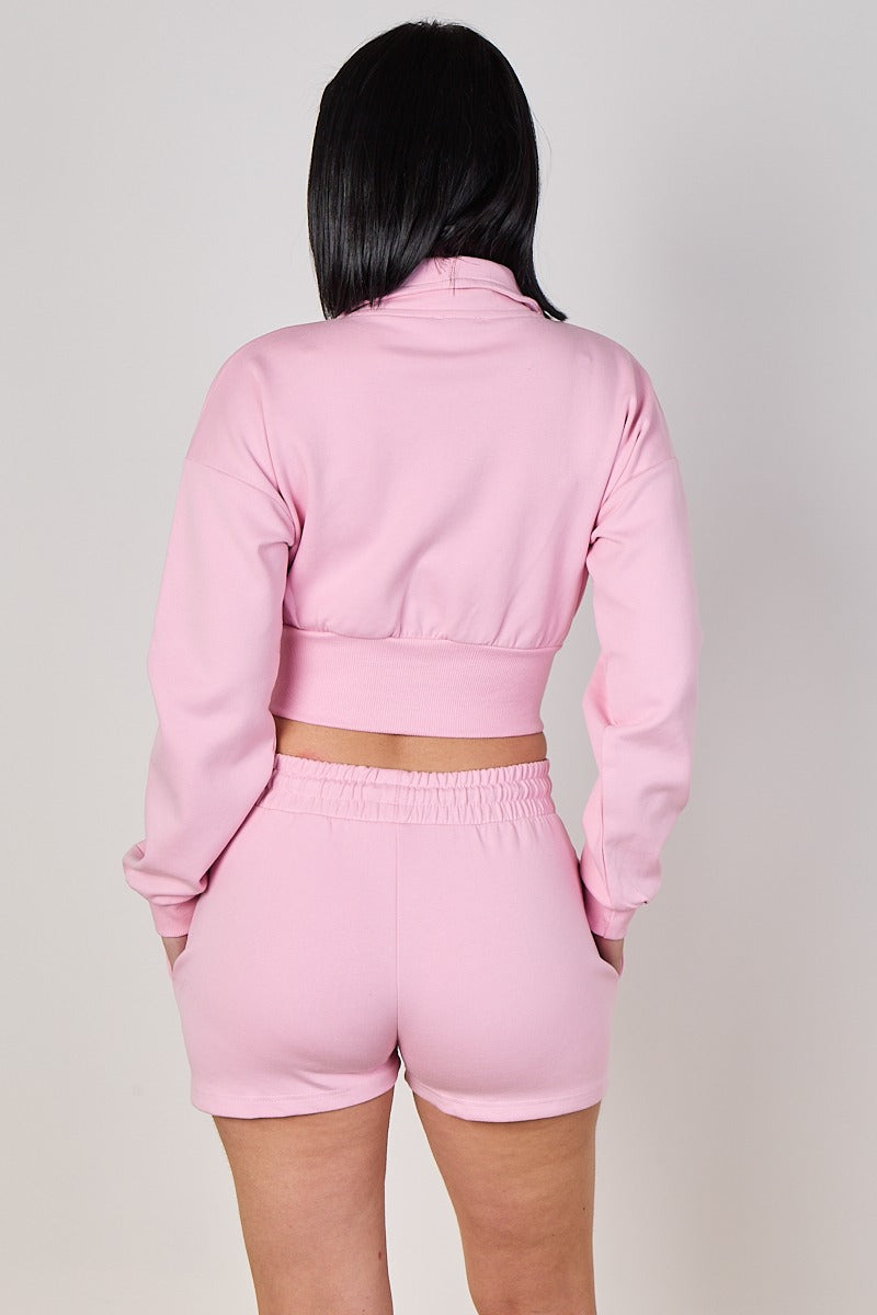 Cropped High Collar Zip-Up Sweatshirt & Shorts Co-Ord Set