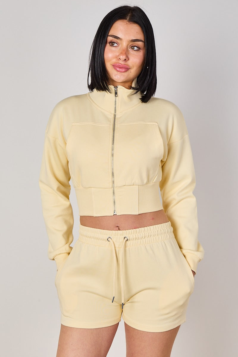 Cropped High Collar Zip-Up Sweatshirt & Shorts Co-Ord Set