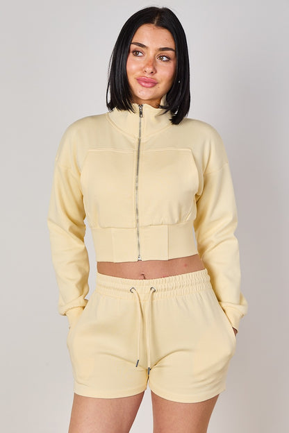Cropped High Collar Zip-Up Sweatshirt & Shorts Co-Ord Set