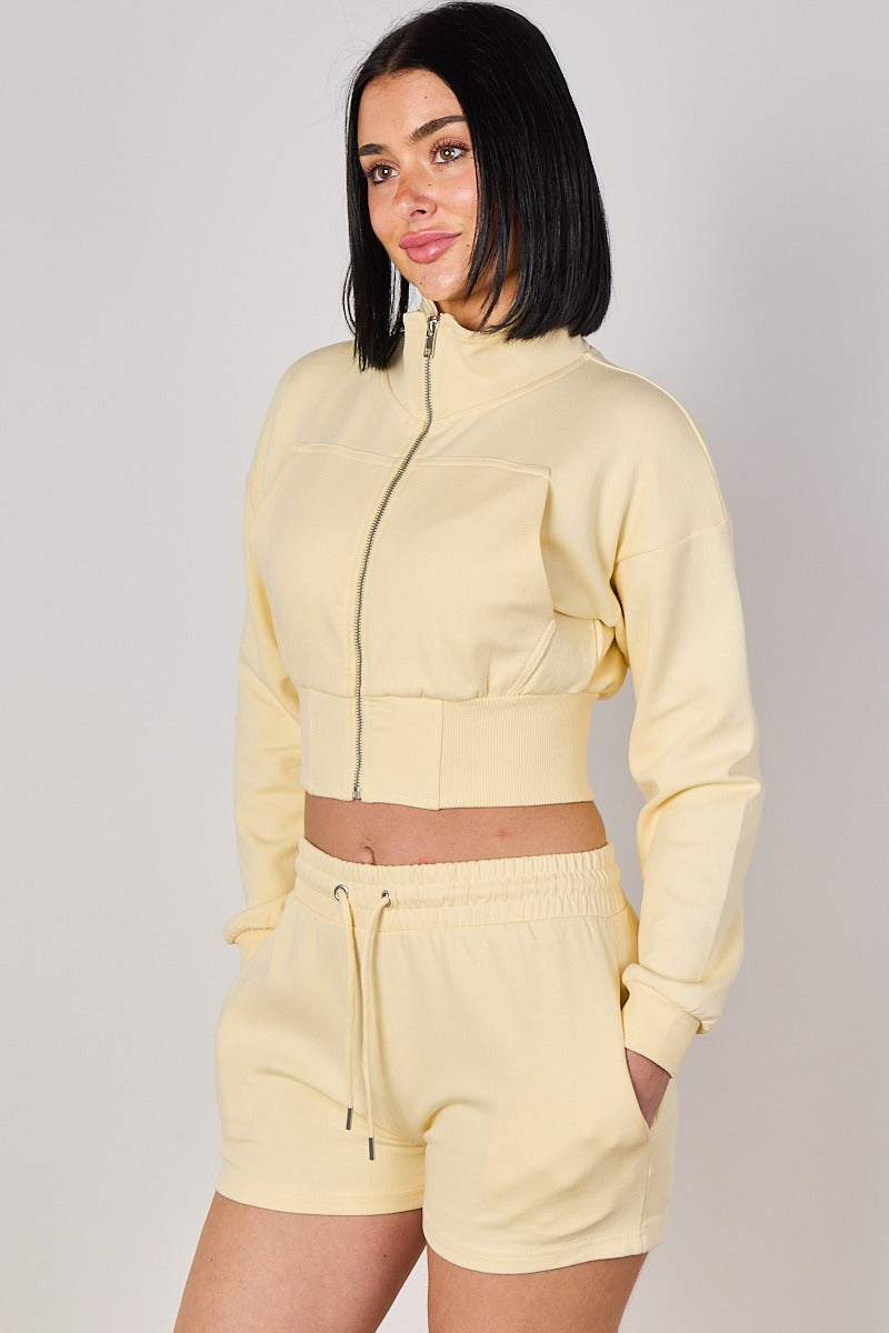 Cropped High Collar Zip-Up Sweatshirt & Shorts Co-Ord Set